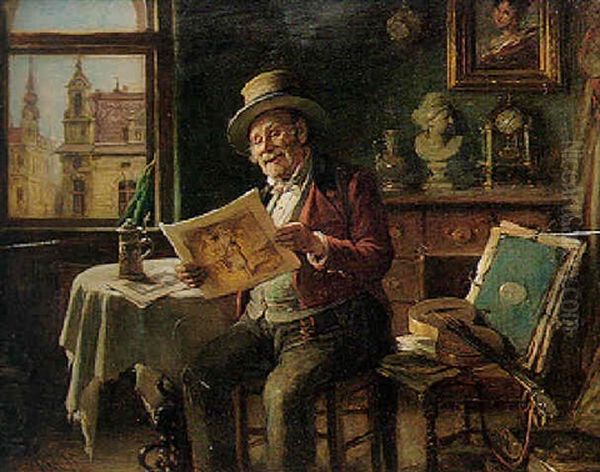 Old Man Admiring A Print Oil Painting by Hermann Kern