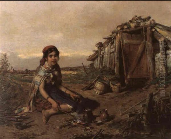 Zigeunermadchen Vor Der Hutte Oil Painting by Hermann Kern