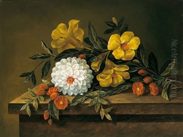 Stillleben Mit Dahlien, Kapuzinerkresse Und Anderen Blumen Auf Einem Tisch Oil Painting by Hansine Kern-Eckersberg