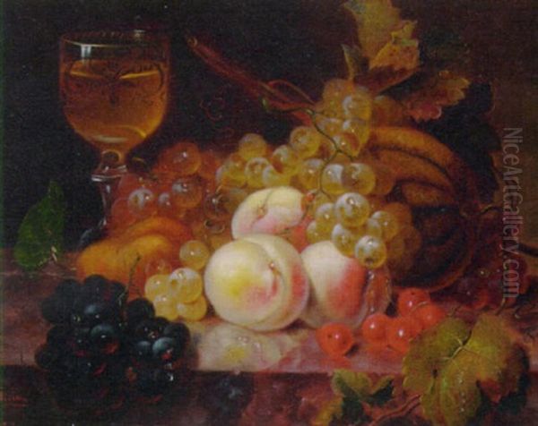 Grapes, Cherries, Peaches And A Melon On Marble Ledge Oil Painting by Hansine Kern-Eckersberg