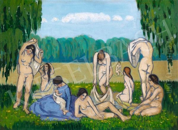 Bathers (by The Danube) Oil Painting by Karoly Kernstok