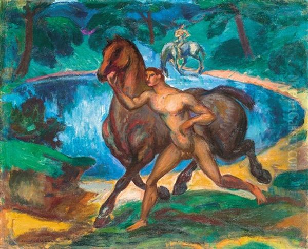 Boy Leading A Horse (horsemen) Oil Painting by Karoly Kernstok