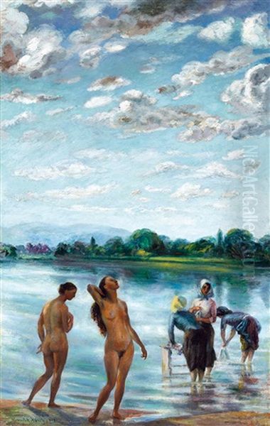 Bathers On The Riverside (lights Above The Danube) Oil Painting by Karoly Kernstok