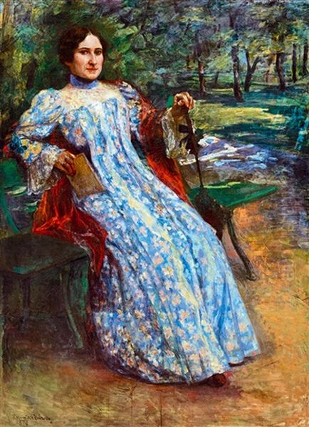 Woman In Blue Dress In The Park Oil Painting by Karoly Kernstok