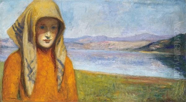 Young Lady With A Yellow Scarf Oil Painting by Karoly Kernstok