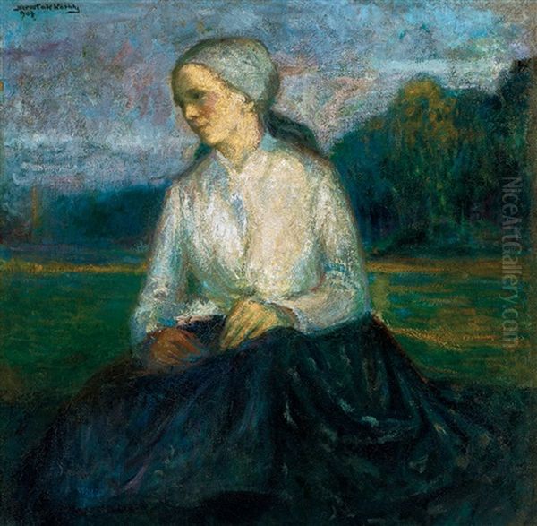 Young Girl In Land Oil Painting by Karoly Kernstok