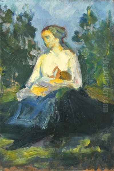 Mother With Child Oil Painting by Karoly Kernstok