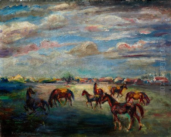 Horses Oil Painting by Karoly Kernstok