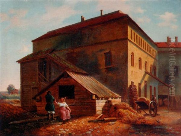 Figures In Front Of A Farmhouse Oil Painting by Lipot (Leopold) Kerpel