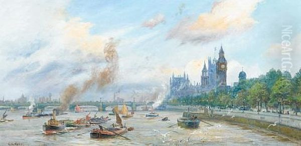 The Thames Below Westminster (+ Another; Pair) Oil Painting by George Cochrane Kerr