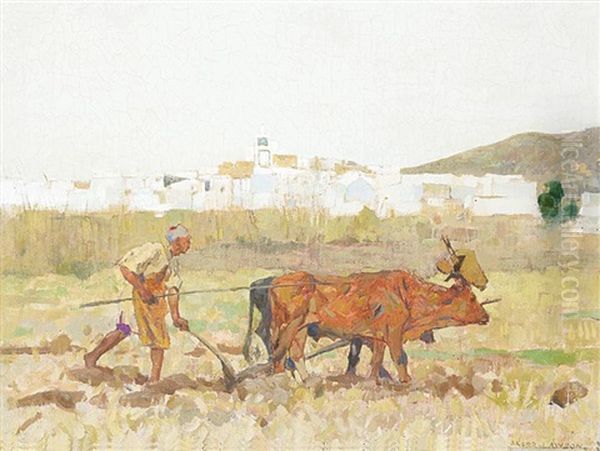 Untitled - Plowing The Field Oil Painting by James Kerr-Lawson