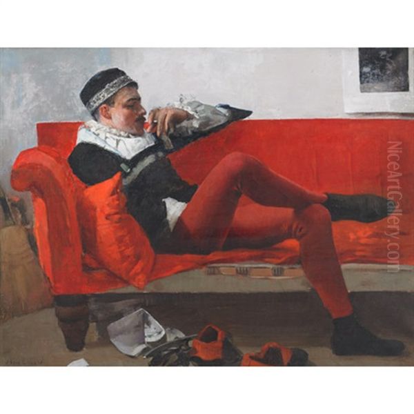 Actor In Shakespearean Costume Lounging On A Red Sofa Oil Painting by James Kerr-Lawson