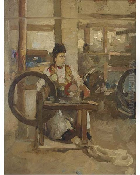 Woman Spinning Oil Painting by James Kerr-Lawson