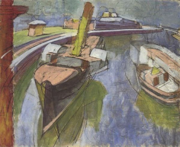 Hafen Mit Dampfer Ii (ostender Vorhafen; Ostender Postdampfer) Oil Painting by Anton Kerschbaumer