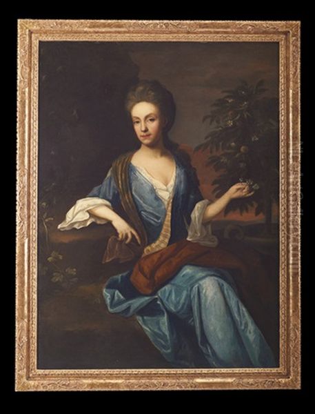 Portrait Of A Lady In Blue, Seated In A Landscape, Holding An Orange Blossom Oil Painting by Frederick Kerseboom