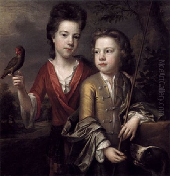 Portrait Of Emily And Robert Cecil In A Landscape, He Wearing An Ochre Silk Waistcoat, She Wearing A Silk Dress, Holding A Parakeet Oil Painting by Frederick Kerseboom