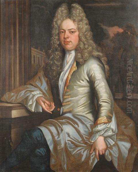 Portrait Of A Gentleman, Seated On A Balcony Wearing A Cream Satin Coat Oil Painting by Johann Kerseboom