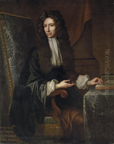 Portrait Of The Hon. Robert Boyle, F.r.s. In A Black Silk Mantle, Seated At His Desk Oil Painting by Johann Kerseboom