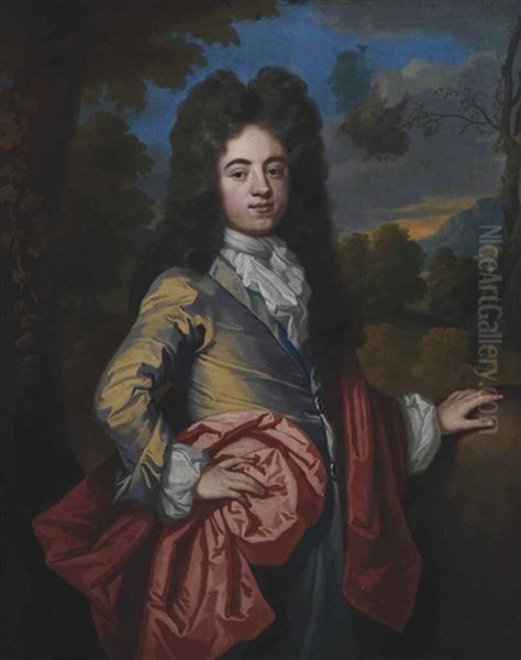 Portrait Of Sir John Harpur, 4th Baronet (1679-1741), Three-quarter-length, In A Yellow Coat, With A Red Wrap, In A Landscape Oil Painting by John Kerseboom