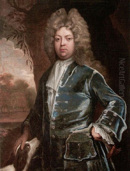 Portrait Of A Gentleman Wearing A Blue Coat With A Hound Oil Painting by John Kerseboom