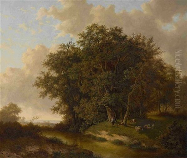 Baumlandschaft Mit Hirten Oil Painting by Jacobus Adrianus Antonius Kerstens