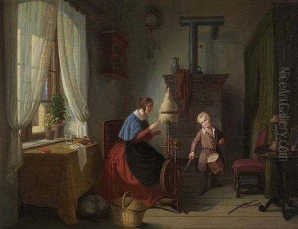 Frau Am Spinnrad Und Junge Mit Sabel Und Trommel Oil Painting by Georg Friedrich Kersting