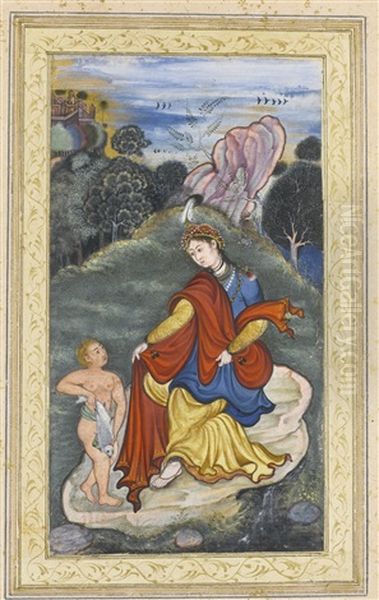 A Lady With The Young Tobias In A Landscape by  Keshavdas