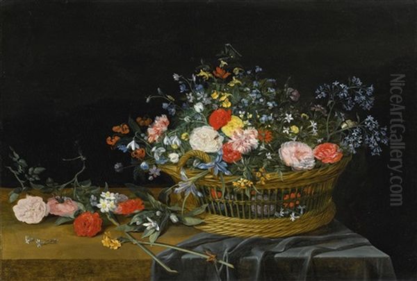 Flowers In A Basket On A Partly Draped Table Oil Painting by Jan van Kessel the Elder