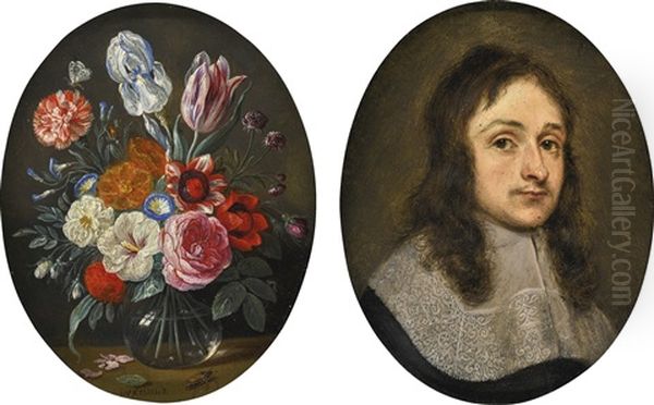 Still Life With Flowers In A Vase (recto); Portrait Of A Man, Bust-length, In A Flat Lace Collar (verso) Oil Painting by Jan van Kessel the Elder