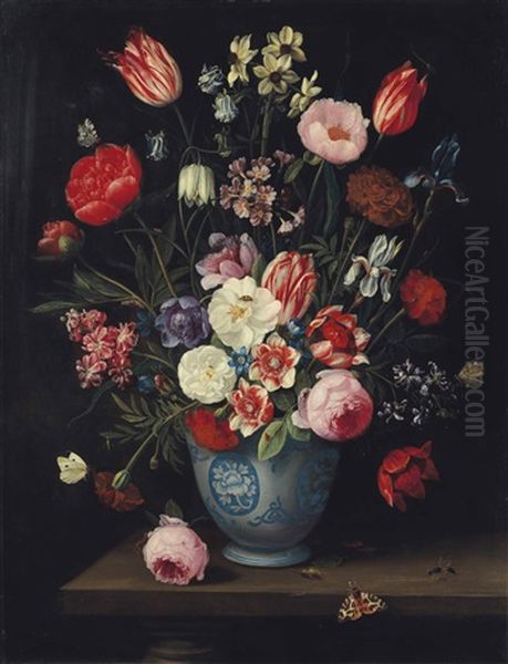 Roses, Tulips, Carnations An Iris And Other Flowers In A Chinese Transitional Blue And White Jardiniere With Moths And Other Insects On A Ledge Oil Painting by Jan van Kessel the Elder