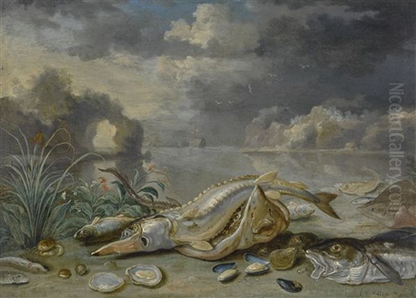 A Sturgeon And Thornback Ray With A Cod, Oysters, Mussels And Other Fish On A Seashore, A Ship In The Distance Oil Painting by Jan van Kessel the Elder