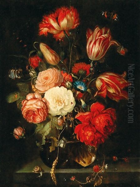 A Still Life Of Flowers In A Glass Vase Oil Painting by Jan van Kessel the Elder