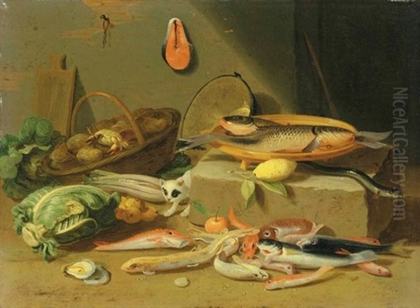 A Pantry With A Cat Prowling Among Fish And Vegetables Oil Painting by Jan van Kessel the Elder