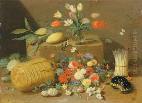 An Overturned Basket Of Flowers With A Tortoise Oil Painting by Jan van Kessel the Elder