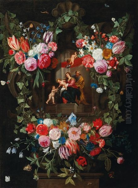 A Wreath Of Flowers Surrounding A Cartouche With The Holy Family And Putti Oil Painting by Jan van Kessel the Elder