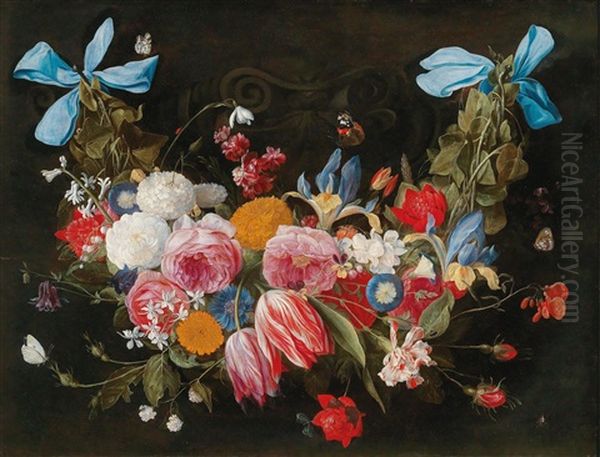 A Floral Garland Held By Blue Bows Oil Painting by Jan van Kessel the Elder