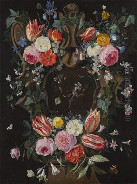 An Ivy Covered Sculpted Cartouche Adorned With Flowers Including Roses, Tulips, Lilies, Blossom And An Iris Oil Painting by Jan van Kessel the Elder