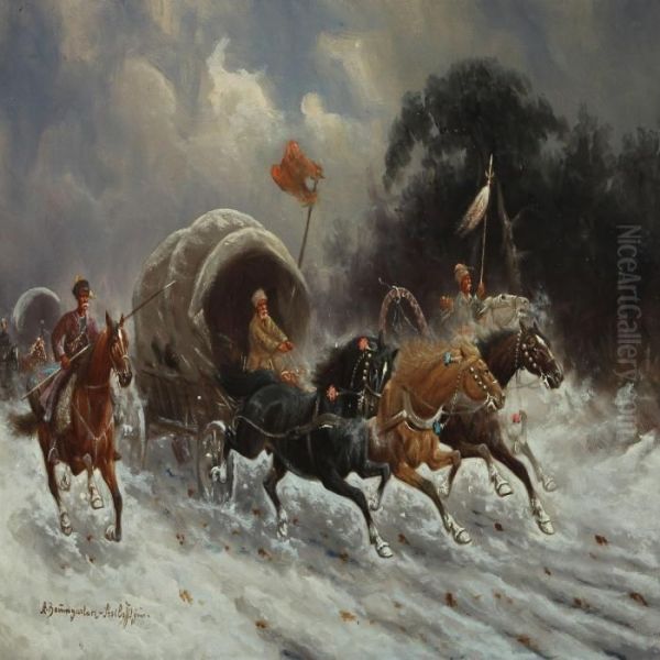 Cossacks Attacking A Caravan Oil Painting by Adolf Baumgartner