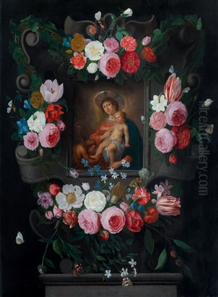 Madonna And Child With John The Baptist In A Floral Cartouche Oil Painting by Jan van Kessel the Elder