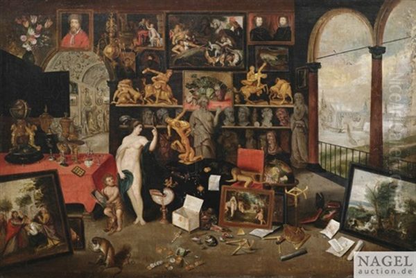 Venus Und Amor In Einem Galerieraum, Moglicherweise Allegorie Des Gesichts Oil Painting by Jan van Kessel the Elder