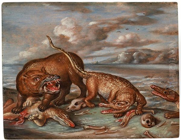 Battle Between Crocodiles And A Hippo Oil Painting by Jan van Kessel the Elder