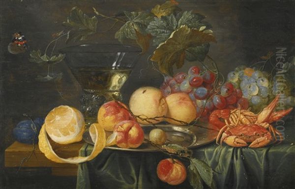 Still Life Of Peaches, Plums, Grapes And A Lemon, With A Crab, A Lobster, And A Glass Roemer, On A Partly Draped Table Oil Painting by Jan van Kessel the Elder