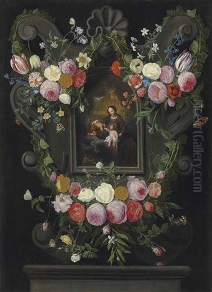 The Virgin And Child With The Infant Saint John The Baptist, In A Sculpted Cartouche On A Ledge, Surrounded By Swags Of Flowers With Butterflies And A Beetle Oil Painting by Jan van Kessel the Elder