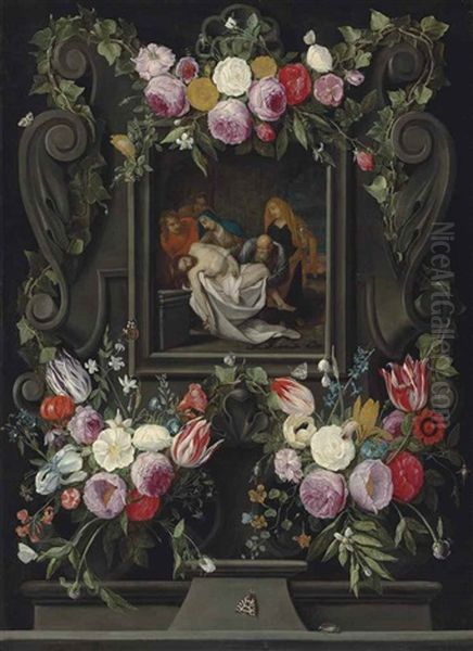 The Lamentation, In A Sculpted Cartouche On A Ledge, Surrounded By Swags Of Flowers With Butterflies And A Beetle Oil Painting by Jan van Kessel the Elder