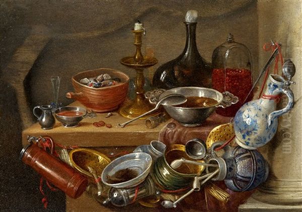 Still Life With Kitchenwares, A Candle And A Bottle Oil Painting by Jan van Kessel the Elder