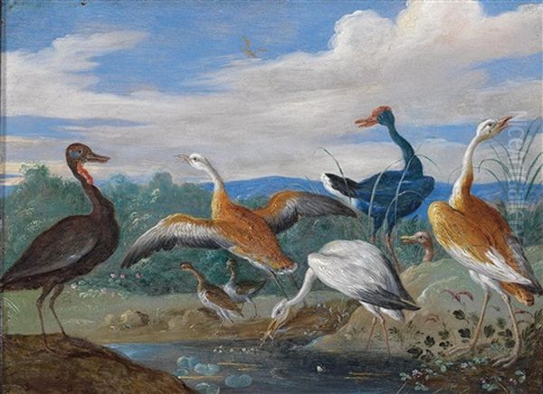 A Landscape With Birds Near A Pool Oil Painting by Jan van Kessel the Elder