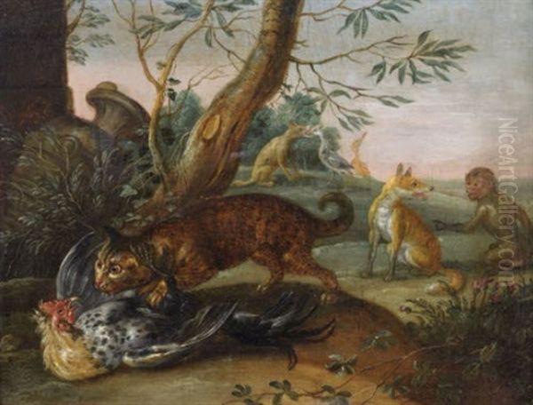 Le Coq Et Le Chat, Le Renard Et Le Singe, Le Loup Et La Cigogne Oil Painting by Jan van Kessel the Elder