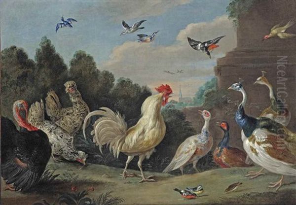 A Cock, Hens, A Turkey, Guinea Fowl, Finches And Other Birds By A Plinth In A Wooded Landscape Oil Painting by Jan van Kessel the Elder