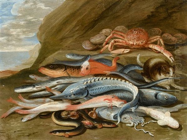 Still Life With Fish, A Crab And A Cat Oil Painting by Jan van Kessel the Elder