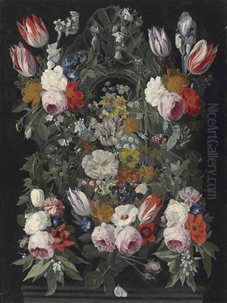 Roses, Parrot Tulips, Poppies, Fuschia, Narcissi, Morning Glory, An Iris And Other Flowers Surrounding A Sculpted Stone Cartouche With A Red Admiral, A Brimstone, An Orange-tip And Other Butterflies, On A Stone Ledge Oil Painting by Jan van Kessel the Elder